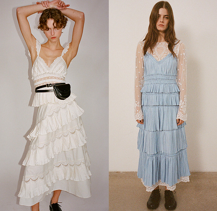 Sea New York 2024 Pre-Fall Autumn Womens Lookbook - Deconstructed Denim Jeans Vest Skirt Lace Needlework Embroidery Cutwork Cutout Eyelets Blouse Faded Slouchy Knit Crochet Fringes Cardigan Wide Leg Palazzo Pants Flowers Floral Hearts Decorative Art Ornamental Fanny Pack Belt Bag Pouch Blazer Maxi Dress Tiered Ruffles Sheer Tulle Beads Pearls Mesh Fishnet Animals Fish Donkey Deer Duck Field Supply Jacket Boots Sliders