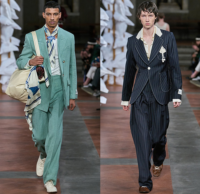 S.S. Daley 2024-2025 Fall Autumn Winter Mens Runway Looks - Eliot’s Room - 1940s Forties 1970s Seventies Knit Blanket Poncho Crochet Tank Top Swimwear Smoking Jacket Suit Wool Silk Linen Quilted Puffer Corduroy Napa Mini Duffle Bag Windowpane Check Oversized Trench Coat Duvet Horses Flowers Floral Tassels Sweater Animals Rabbit Fish Crow Raven Shorts StraplessOnesie Romper Stripes Vest Pleats Wide Leg Shirt Pinstripe Pockets Mary Janes Loafers Scarf Bucket Hat