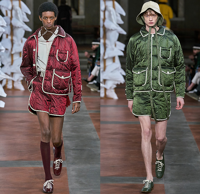 S.S. Daley 2024-2025 Fall Autumn Winter Mens Runway Looks - Eliot’s Room - 1940s Forties 1970s Seventies Knit Blanket Poncho Crochet Tank Top Swimwear Smoking Jacket Suit Wool Silk Linen Quilted Puffer Corduroy Napa Mini Duffle Bag Windowpane Check Oversized Trench Coat Duvet Horses Flowers Floral Tassels Sweater Animals Rabbit Fish Crow Raven Shorts StraplessOnesie Romper Stripes Vest Pleats Wide Leg Shirt Pinstripe Pockets Mary Janes Loafers Scarf Bucket Hat