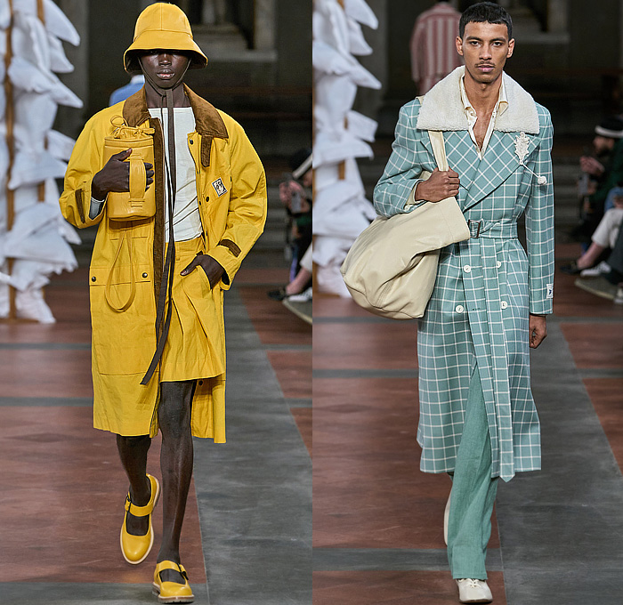 S.S. Daley 2024-2025 Fall Autumn Winter Mens Runway Looks - Eliot’s Room - 1940s Forties 1970s Seventies Knit Blanket Poncho Crochet Tank Top Swimwear Smoking Jacket Suit Wool Silk Linen Quilted Puffer Corduroy Napa Mini Duffle Bag Windowpane Check Oversized Trench Coat Duvet Horses Flowers Floral Tassels Sweater Animals Rabbit Fish Crow Raven Shorts StraplessOnesie Romper Stripes Vest Pleats Wide Leg Shirt Pinstripe Pockets Mary Janes Loafers Scarf Bucket Hat