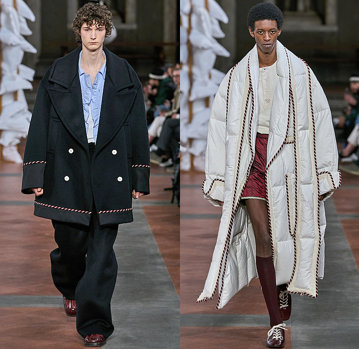 S.S. Daley 2024-2025 Fall Autumn Winter Mens Runway Looks - Eliot’s Room - 1940s Forties 1970s Seventies Knit Blanket Poncho Crochet Tank Top Swimwear Smoking Jacket Suit Wool Silk Linen Quilted Puffer Corduroy Napa Mini Duffle Bag Windowpane Check Oversized Trench Coat Duvet Horses Flowers Floral Tassels Sweater Animals Rabbit Fish Crow Raven Shorts StraplessOnesie Romper Stripes Vest Pleats Wide Leg Shirt Pinstripe Pockets Mary Janes Loafers Scarf Bucket Hat