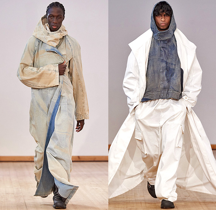 Stamm 2024-2025 Fall Autumn Winter Mens Runway Looks - Copenhagen Fashion Week CPHFW Denmark - Extra Order On The Ordinary Extra - Destroyed Destructed Faded Denim Jeans Fringes Strips Wide Leg Baggy Loose Anorak Hood Stained Parka Oversized Wide Sleeves Outerwear Coat Pockets Cargo Pants Pillows Quilted Puffer Bomber Jacket Blanket Trackwear Track Pants Drawstring Comforter Sneakers