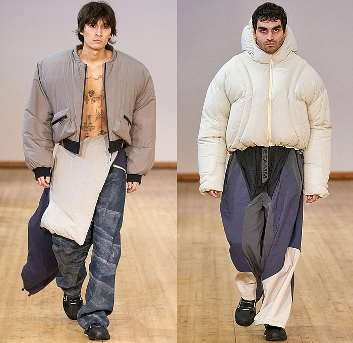 Stamm 2024-2025 Fall Autumn Winter Mens Runway Looks - Copenhagen Fashion Week CPHFW Denmark - Extra Order On The Ordinary Extra - Destroyed Destructed Faded Denim Jeans Fringes Strips Wide Leg Baggy Loose Anorak Hood Stained Parka Oversized Wide Sleeves Outerwear Coat Pockets Cargo Pants Pillows Quilted Puffer Bomber Jacket Blanket Trackwear Track Pants Drawstring Comforter Sneakers