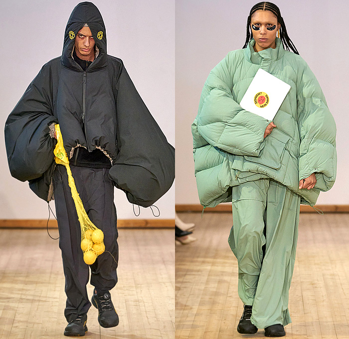 Stamm 2024-2025 Fall Autumn Winter Mens Runway Looks - Copenhagen Fashion Week CPHFW Denmark - Extra Order On The Ordinary Extra - Destroyed Destructed Faded Denim Jeans Fringes Strips Wide Leg Baggy Loose Anorak Hood Stained Parka Oversized Wide Sleeves Outerwear Coat Pockets Cargo Pants Pillows Quilted Puffer Bomber Jacket Blanket Trackwear Track Pants Drawstring Comforter Sneakers