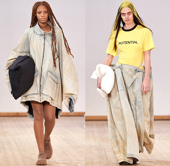 Stamm 2024-2025 Fall Autumn Winter Womens Runway Looks - Copenhagen Fashion Week CPHFW Denmark - Extra Order On The Ordinary Extra - Oversized Denim Jeans Jacket Pockets Wide Sleeves Giant Big Faded Wide Leg Baggy Loose Pillows Trackwear Jogger Sweatpants Drawstring Hood Quilted Puffer Parka Mullet Hem High-Low Hem Cosmic Print