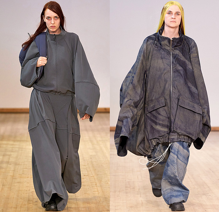 Stamm 2024-2025 Fall Autumn Winter Womens Runway Looks - Copenhagen Fashion Week CPHFW Denmark - Extra Order On The Ordinary Extra - Oversized Denim Jeans Jacket Pockets Wide Sleeves Giant Big Faded Wide Leg Baggy Loose Pillows Trackwear Jogger Sweatpants Drawstring Hood Quilted Puffer Parka Mullet Hem High-Low Hem Cosmic Print