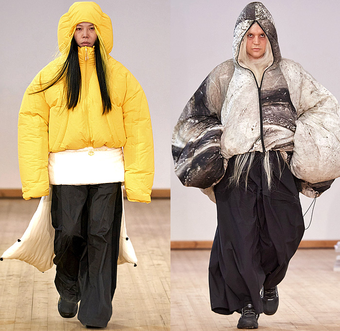 Stamm 2024-2025 Fall Autumn Winter Womens Runway Looks - Copenhagen Fashion Week CPHFW Denmark - Extra Order On The Ordinary Extra - Oversized Denim Jeans Jacket Pockets Wide Sleeves Giant Big Faded Wide Leg Baggy Loose Pillows Trackwear Jogger Sweatpants Drawstring Hood Quilted Puffer Parka Mullet Hem High-Low Hem Cosmic Print