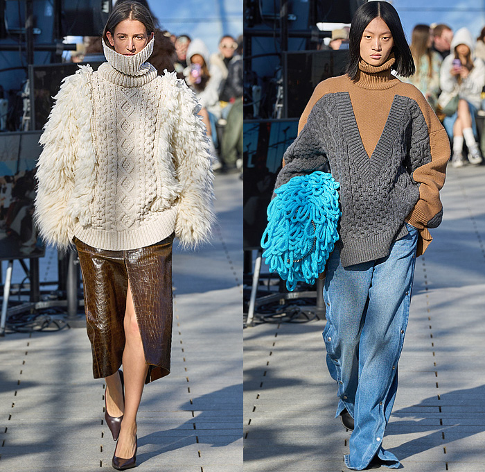 Stella McCartney 2024-2025 Fall Autumn Winter Womens Runway Collection - Paris Fashion Week PFW - Mother Earth - Knit Turtleneck Fur Sweater Patches Patchwork Loops Herringbone Sequins Studs Blazer Trench Coat Dress Tassels Fringes Draped Pleats Shorts Onesie Jumpsuit Padded Shoulders High Slit Cutout Crystals Mesh Strapless Gown Train Halterneck Crop Top Midriff Shirtdress Swimsuit Leather Crocodile Skirt Denim Jeans Snap Buttons Tearaway Wide Leg Handbag Chain Boots