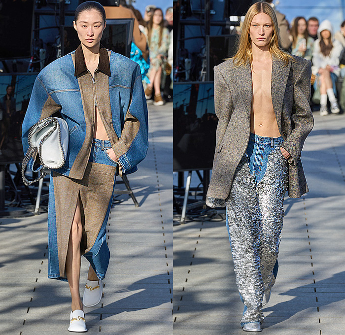 Stella McCartney 2024-2025 Fall Autumn Winter Womens Runway Collection - Paris Fashion Week PFW - Mother Earth - Knit Turtleneck Fur Sweater Patches Patchwork Loops Herringbone Sequins Studs Blazer Trench Coat Dress Tassels Fringes Draped Pleats Shorts Onesie Jumpsuit Padded Shoulders High Slit Cutout Crystals Mesh Strapless Gown Train Halterneck Crop Top Midriff Shirtdress Swimsuit Leather Crocodile Skirt Denim Jeans Snap Buttons Tearaway Wide Leg Handbag Chain Boots