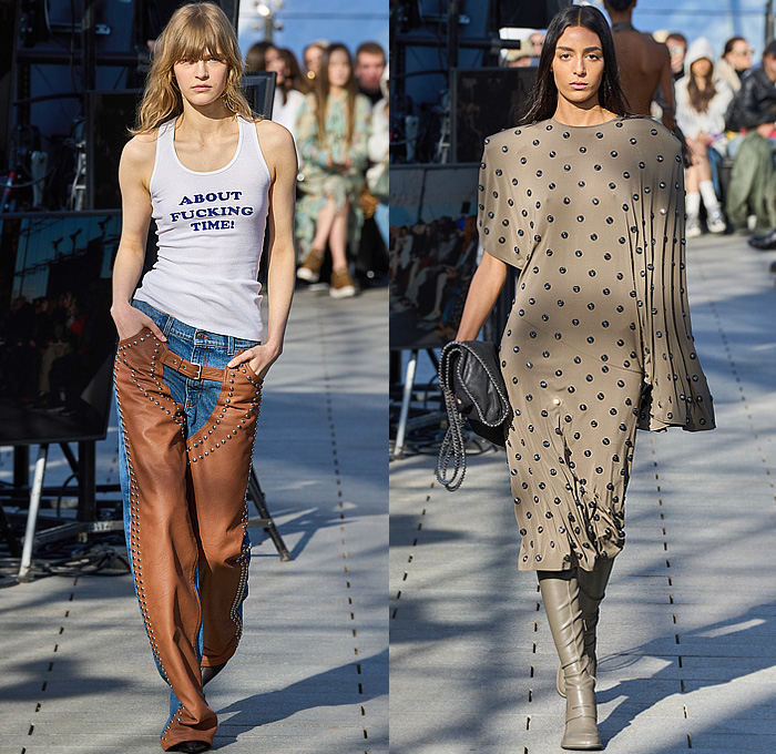 Stella McCartney 2024-2025 Fall Autumn Winter Womens Runway Collection - Paris Fashion Week PFW - Mother Earth - Knit Turtleneck Fur Sweater Patches Patchwork Loops Herringbone Sequins Studs Blazer Trench Coat Dress Tassels Fringes Draped Pleats Shorts Onesie Jumpsuit Padded Shoulders High Slit Cutout Crystals Mesh Strapless Gown Train Halterneck Crop Top Midriff Shirtdress Swimsuit Leather Crocodile Skirt Denim Jeans Snap Buttons Tearaway Wide Leg Handbag Chain Boots