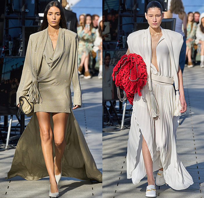 Stella McCartney 2024-2025 Fall Autumn Winter Womens Runway Collection - Paris Fashion Week PFW - Mother Earth - Knit Turtleneck Fur Sweater Patches Patchwork Loops Herringbone Sequins Studs Blazer Trench Coat Dress Tassels Fringes Draped Pleats Shorts Onesie Jumpsuit Padded Shoulders High Slit Cutout Crystals Mesh Strapless Gown Train Halterneck Crop Top Midriff Shirtdress Swimsuit Leather Crocodile Skirt Denim Jeans Snap Buttons Tearaway Wide Leg Handbag Chain Boots