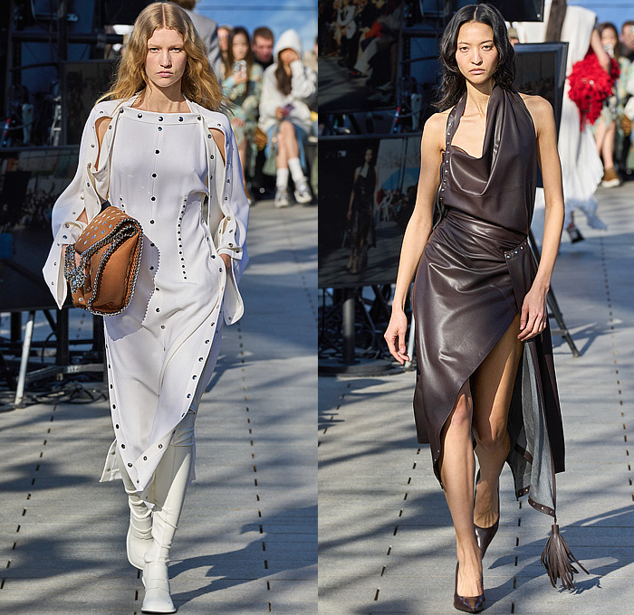 Stella McCartney 2024-2025 Fall Autumn Winter Womens Runway Collection - Paris Fashion Week PFW - Mother Earth - Knit Turtleneck Fur Sweater Patches Patchwork Loops Herringbone Sequins Studs Blazer Trench Coat Dress Tassels Fringes Draped Pleats Shorts Onesie Jumpsuit Padded Shoulders High Slit Cutout Crystals Mesh Strapless Gown Train Halterneck Crop Top Midriff Shirtdress Swimsuit Leather Crocodile Skirt Denim Jeans Snap Buttons Tearaway Wide Leg Handbag Chain Boots