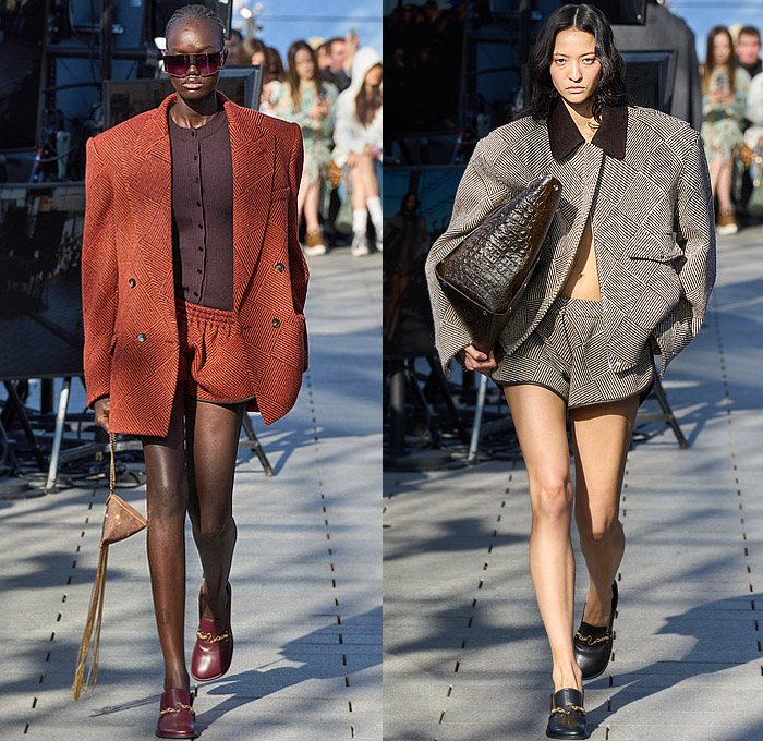 Stella McCartney 2024-2025 Fall Autumn Winter Womens Runway Collection - Paris Fashion Week PFW - Mother Earth - Knit Turtleneck Fur Sweater Patches Patchwork Loops Herringbone Sequins Studs Blazer Trench Coat Dress Tassels Fringes Draped Pleats Shorts Onesie Jumpsuit Padded Shoulders High Slit Cutout Crystals Mesh Strapless Gown Train Halterneck Crop Top Midriff Shirtdress Swimsuit Leather Crocodile Skirt Denim Jeans Snap Buttons Tearaway Wide Leg Handbag Chain Boots