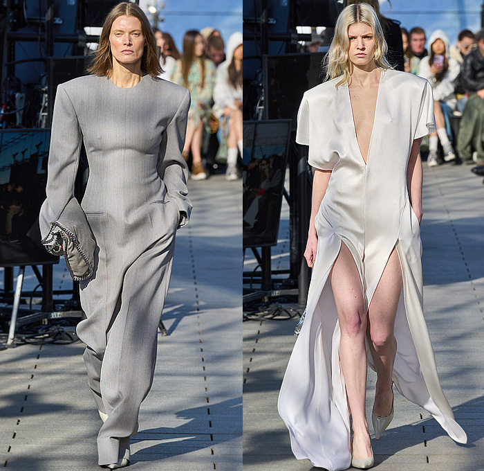 Stella McCartney 2024-2025 Fall Autumn Winter Womens Runway Collection - Paris Fashion Week PFW - Mother Earth - Knit Turtleneck Fur Sweater Patches Patchwork Loops Herringbone Sequins Studs Blazer Trench Coat Dress Tassels Fringes Draped Pleats Shorts Onesie Jumpsuit Padded Shoulders High Slit Cutout Crystals Mesh Strapless Gown Train Halterneck Crop Top Midriff Shirtdress Swimsuit Leather Crocodile Skirt Denim Jeans Snap Buttons Tearaway Wide Leg Handbag Chain Boots