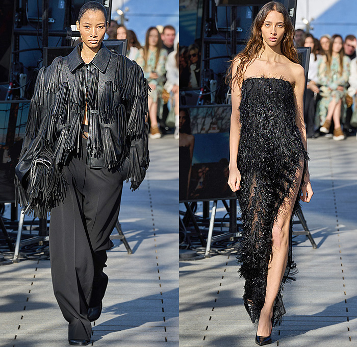 Stella McCartney 2024-2025 Fall Autumn Winter Womens Runway Collection - Paris Fashion Week PFW - Mother Earth - Knit Turtleneck Fur Sweater Patches Patchwork Loops Herringbone Sequins Studs Blazer Trench Coat Dress Tassels Fringes Draped Pleats Shorts Onesie Jumpsuit Padded Shoulders High Slit Cutout Crystals Mesh Strapless Gown Train Halterneck Crop Top Midriff Shirtdress Swimsuit Leather Crocodile Skirt Denim Jeans Snap Buttons Tearaway Wide Leg Handbag Chain Boots