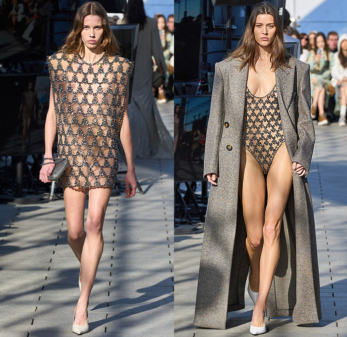 Stella McCartney 2024-2025 Fall Autumn Winter Womens Runway Collection - Paris Fashion Week PFW - Mother Earth - Knit Turtleneck Fur Sweater Patches Patchwork Loops Herringbone Sequins Studs Blazer Trench Coat Dress Tassels Fringes Draped Pleats Shorts Onesie Jumpsuit Padded Shoulders High Slit Cutout Crystals Mesh Strapless Gown Train Halterneck Crop Top Midriff Shirtdress Swimsuit Leather Crocodile Skirt Denim Jeans Snap Buttons Tearaway Wide Leg Handbag Chain Boots