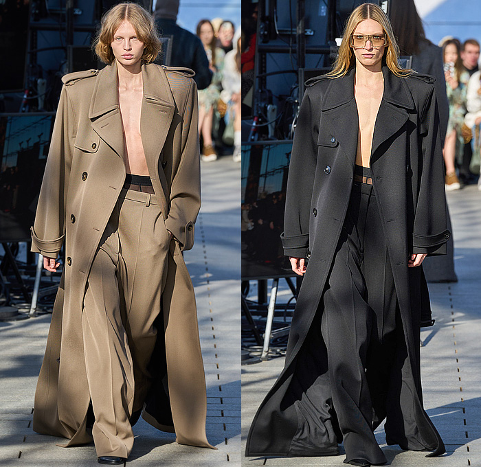 Stella McCartney 2024-2025 Fall Autumn Winter Womens Runway Collection - Paris Fashion Week PFW - Mother Earth - Knit Turtleneck Fur Sweater Patches Patchwork Loops Herringbone Sequins Studs Blazer Trench Coat Dress Tassels Fringes Draped Pleats Shorts Onesie Jumpsuit Padded Shoulders High Slit Cutout Crystals Mesh Strapless Gown Train Halterneck Crop Top Midriff Shirtdress Swimsuit Leather Crocodile Skirt Denim Jeans Snap Buttons Tearaway Wide Leg Handbag Chain Boots