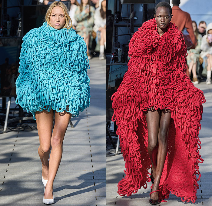 Stella McCartney 2024-2025 Fall Autumn Winter Womens Runway Collection - Paris Fashion Week PFW - Mother Earth - Knit Turtleneck Fur Sweater Patches Patchwork Loops Herringbone Sequins Studs Blazer Trench Coat Dress Tassels Fringes Draped Pleats Shorts Onesie Jumpsuit Padded Shoulders High Slit Cutout Crystals Mesh Strapless Gown Train Halterneck Crop Top Midriff Shirtdress Swimsuit Leather Crocodile Skirt Denim Jeans Snap Buttons Tearaway Wide Leg Handbag Chain Boots