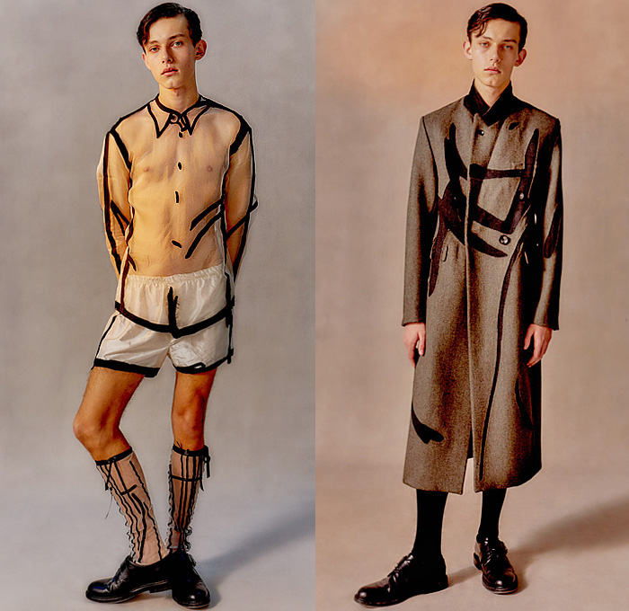 Steve O Smith 2024-2025 Fall Autumn Winter Mens Lookbook - London Fashion Week LFW UK - Drawings Lines Outlines Art Strokes Trompe L'oeil Patches Frayed Raw Hem Sheer Tulle Long Sleeve Shirt Shorts Socks Outerwear Coat Blazer Suit