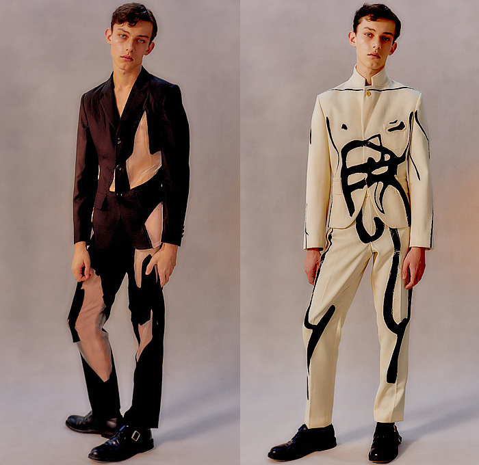 Steve O Smith 2024-2025 Fall Autumn Winter Mens Lookbook - London Fashion Week LFW UK - Drawings Lines Outlines Art Strokes Trompe L'oeil Patches Frayed Raw Hem Sheer Tulle Long Sleeve Shirt Shorts Socks Outerwear Coat Blazer Suit