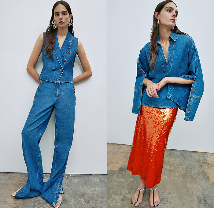 Tanya Taylor 2024 Pre-Fall Autumn Womens Lookbook - Denim Jeans Vest Hanging Sleeve Buttons Long Sleeve Blouse Bedazzled Sequins Miniskirt Shirtdress Maxi Dress Poufy Shoulders Puff Sleeves Waves Stripes Knit Patchwork Ribbons Streamers Lace Embroidery Shorts Bell Hem Sheer Watercolor Plants Flowers Floral Leaves Crop Top Midriff Cargo Sailor Pants Noodle Strap Cinch Halterneck Wide Leg Palazzo Pants Flare Bell Bottom