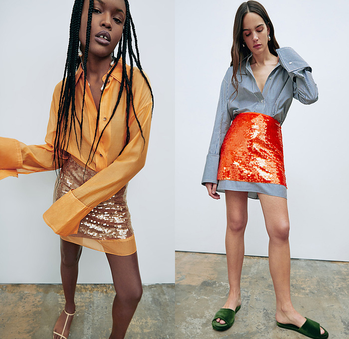 Tanya Taylor 2024 Pre-Fall Autumn Womens Lookbook - Denim Jeans Vest Hanging Sleeve Buttons Long Sleeve Blouse Bedazzled Sequins Miniskirt Shirtdress Maxi Dress Poufy Shoulders Puff Sleeves Waves Stripes Knit Patchwork Ribbons Streamers Lace Embroidery Shorts Bell Hem Sheer Watercolor Plants Flowers Floral Leaves Crop Top Midriff Cargo Sailor Pants Noodle Strap Cinch Halterneck Wide Leg Palazzo Pants Flare Bell Bottom