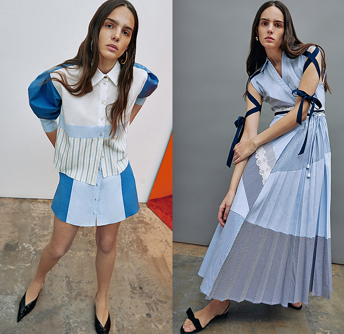 Tanya Taylor 2024 Pre-Fall Autumn Womens Lookbook - Denim Jeans Vest Hanging Sleeve Buttons Long Sleeve Blouse Bedazzled Sequins Miniskirt Shirtdress Maxi Dress Poufy Shoulders Puff Sleeves Waves Stripes Knit Patchwork Ribbons Streamers Lace Embroidery Shorts Bell Hem Sheer Watercolor Plants Flowers Floral Leaves Crop Top Midriff Cargo Sailor Pants Noodle Strap Cinch Halterneck Wide Leg Palazzo Pants Flare Bell Bottom