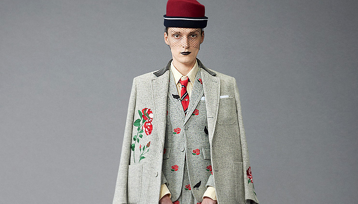 Thom Browne 2024 Pre-Fall Autumn Mens Lookbook - Raven Flowers Floral Roses Embroidery Knit Cap Veil Fishnet Wool Herringbone Coat Silhouette Blazer Jacket Neck Tie Accordion Pleats Manskirt Kilt Fair Isle Knit Cardigan Colorblock Patchwork Bomber Jacket Quilted Puffer Parka Brocade Plaid Check Stripes Tweed Fur Shearling Suit Utility Pockets Balaclava Cargo Pants Pea Coat Handbag Tote Dachshund Bag Sailor Bucket Hat Duck Boots Loafers Sneakers 