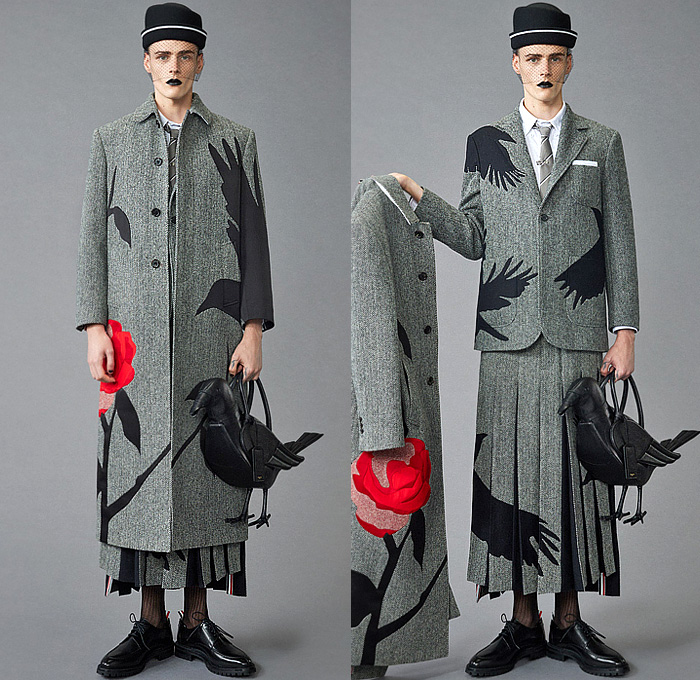 Thom Browne 2024 Pre-Fall Autumn Mens Lookbook - Raven Flowers Floral Roses Embroidery Knit Cap Veil Fishnet Wool Herringbone Coat Silhouette Blazer Jacket Neck Tie Accordion Pleats Manskirt Kilt Fair Isle Knit Cardigan Colorblock Patchwork Bomber Jacket Quilted Puffer Parka Brocade Plaid Check Stripes Tweed Fur Shearling Suit Utility Pockets Balaclava Cargo Pants Pea Coat Handbag Tote Dachshund Bag Sailor Bucket Hat Duck Boots Loafers Sneakers 