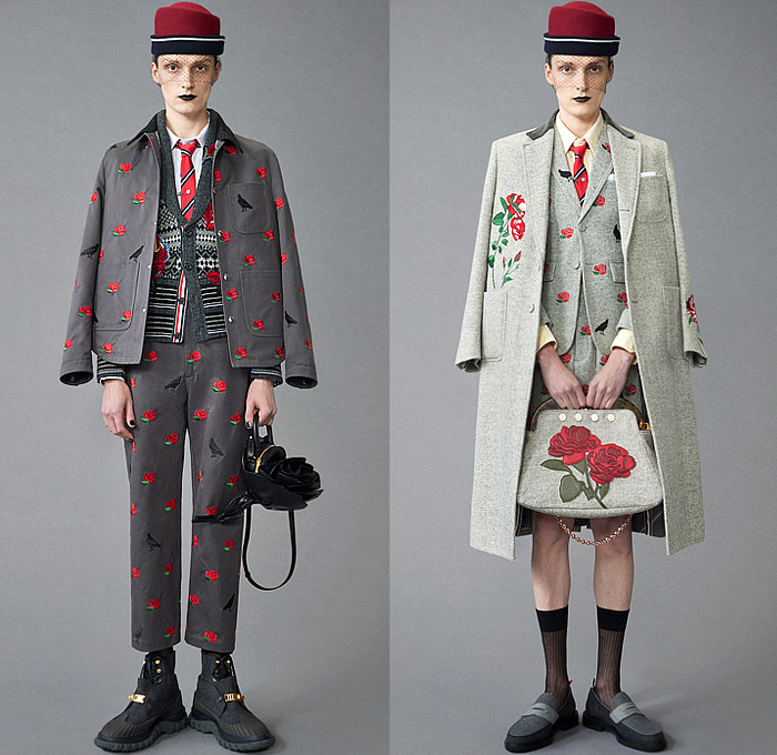 Thom Browne 2024 Pre-Fall Autumn Mens Lookbook - Raven Flowers Floral Roses Embroidery Knit Cap Veil Fishnet Wool Herringbone Coat Silhouette Blazer Jacket Neck Tie Accordion Pleats Manskirt Kilt Fair Isle Knit Cardigan Colorblock Patchwork Bomber Jacket Quilted Puffer Parka Brocade Plaid Check Stripes Tweed Fur Shearling Suit Utility Pockets Balaclava Cargo Pants Pea Coat Handbag Tote Dachshund Bag Sailor Bucket Hat Duck Boots Loafers Sneakers 