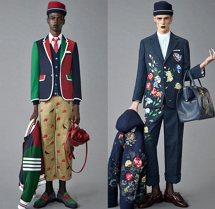 Thom Browne 2024 Pre-Fall Autumn Mens Lookbook - Raven Flowers Floral Roses Embroidery Knit Cap Veil Fishnet Wool Herringbone Coat Silhouette Blazer Jacket Neck Tie Accordion Pleats Manskirt Kilt Fair Isle Knit Cardigan Colorblock Patchwork Bomber Jacket Quilted Puffer Parka Brocade Plaid Check Stripes Tweed Fur Shearling Suit Utility Pockets Balaclava Cargo Pants Pea Coat Handbag Tote Dachshund Bag Sailor Bucket Hat Duck Boots Loafers Sneakers 