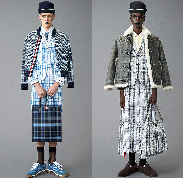 Thom Browne 2024 Pre-Fall Autumn Mens Lookbook - Raven Flowers Floral Roses Embroidery Knit Cap Veil Fishnet Wool Herringbone Coat Silhouette Blazer Jacket Neck Tie Accordion Pleats Manskirt Kilt Fair Isle Knit Cardigan Colorblock Patchwork Bomber Jacket Quilted Puffer Parka Brocade Plaid Check Stripes Tweed Fur Shearling Suit Utility Pockets Balaclava Cargo Pants Pea Coat Handbag Tote Dachshund Bag Sailor Bucket Hat Duck Boots Loafers Sneakers 