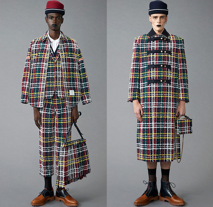 Thom Browne 2024 Pre-Fall Autumn Mens Lookbook - Raven Flowers Floral Roses Embroidery Knit Cap Veil Fishnet Wool Herringbone Coat Silhouette Blazer Jacket Neck Tie Accordion Pleats Manskirt Kilt Fair Isle Knit Cardigan Colorblock Patchwork Bomber Jacket Quilted Puffer Parka Brocade Plaid Check Stripes Tweed Fur Shearling Suit Utility Pockets Balaclava Cargo Pants Pea Coat Handbag Tote Dachshund Bag Sailor Bucket Hat Duck Boots Loafers Sneakers 