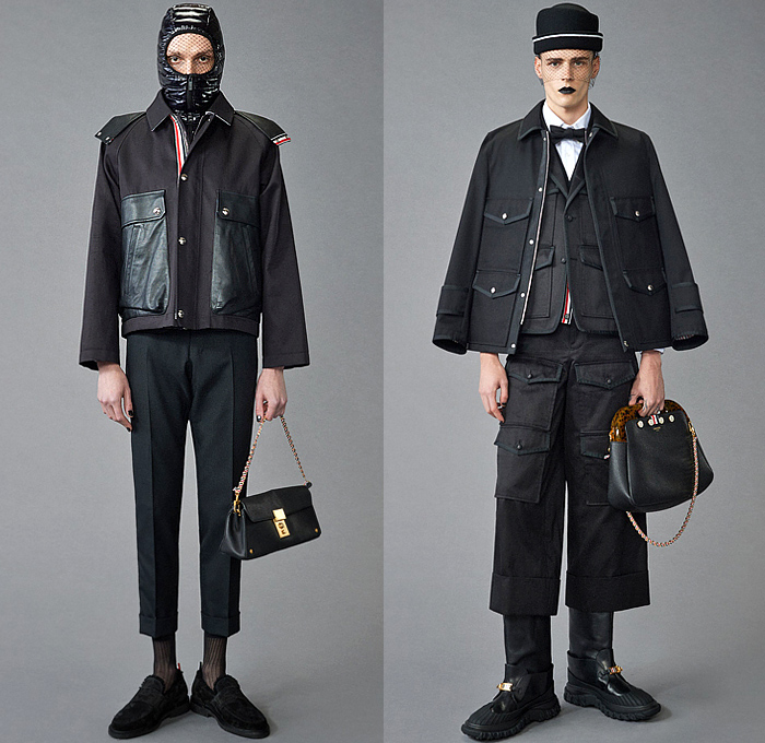 Thom Browne 2024 Pre-Fall Autumn Mens Lookbook - Raven Flowers Floral Roses Embroidery Knit Cap Veil Fishnet Wool Herringbone Coat Silhouette Blazer Jacket Neck Tie Accordion Pleats Manskirt Kilt Fair Isle Knit Cardigan Colorblock Patchwork Bomber Jacket Quilted Puffer Parka Brocade Plaid Check Stripes Tweed Fur Shearling Suit Utility Pockets Balaclava Cargo Pants Pea Coat Handbag Tote Dachshund Bag Sailor Bucket Hat Duck Boots Loafers Sneakers 