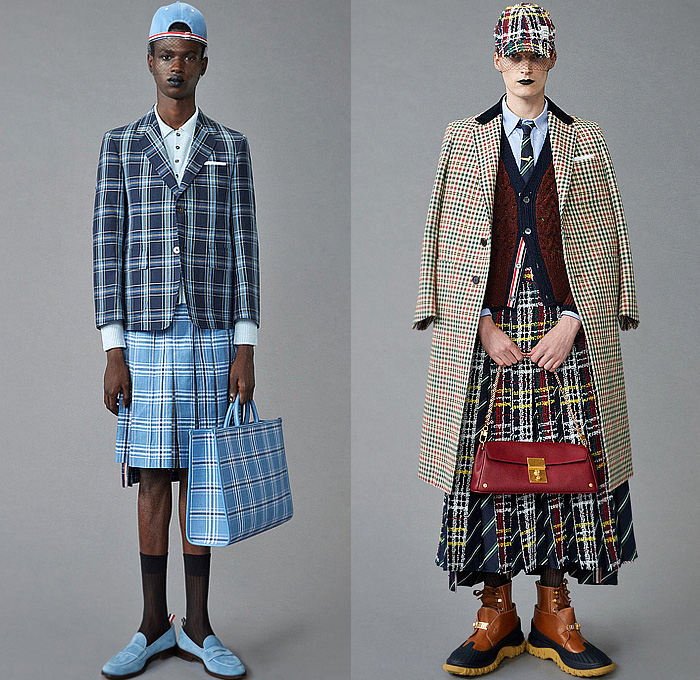 Thom Browne 2024 Pre-Fall Autumn Mens Lookbook - Raven Flowers Floral Roses Embroidery Knit Cap Veil Fishnet Wool Herringbone Coat Silhouette Blazer Jacket Neck Tie Accordion Pleats Manskirt Kilt Fair Isle Knit Cardigan Colorblock Patchwork Bomber Jacket Quilted Puffer Parka Brocade Plaid Check Stripes Tweed Fur Shearling Suit Utility Pockets Balaclava Cargo Pants Pea Coat Handbag Tote Dachshund Bag Sailor Bucket Hat Duck Boots Loafers Sneakers 