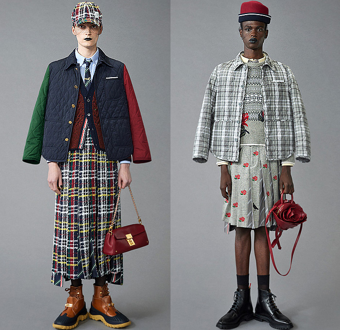 Thom Browne 2024 Pre-Fall Autumn Mens Lookbook - Raven Flowers Floral Roses Embroidery Knit Cap Veil Fishnet Wool Herringbone Coat Silhouette Blazer Jacket Neck Tie Accordion Pleats Manskirt Kilt Fair Isle Knit Cardigan Colorblock Patchwork Bomber Jacket Quilted Puffer Parka Brocade Plaid Check Stripes Tweed Fur Shearling Suit Utility Pockets Balaclava Cargo Pants Pea Coat Handbag Tote Dachshund Bag Sailor Bucket Hat Duck Boots Loafers Sneakers 