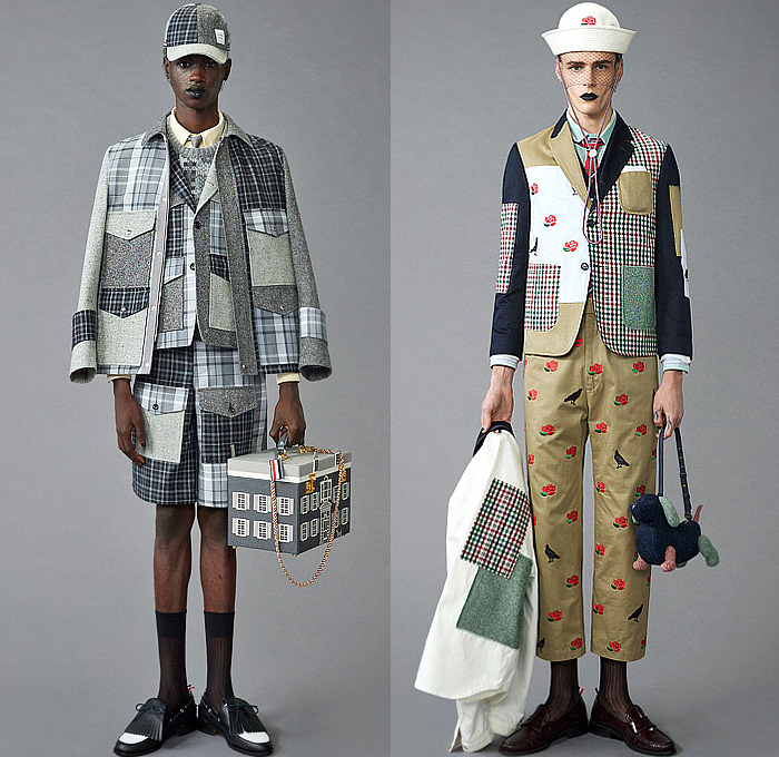 Thom Browne 2024 Pre-Fall Autumn Mens Lookbook - Raven Flowers Floral Roses Embroidery Knit Cap Veil Fishnet Wool Herringbone Coat Silhouette Blazer Jacket Neck Tie Accordion Pleats Manskirt Kilt Fair Isle Knit Cardigan Colorblock Patchwork Bomber Jacket Quilted Puffer Parka Brocade Plaid Check Stripes Tweed Fur Shearling Suit Utility Pockets Balaclava Cargo Pants Pea Coat Handbag Tote Dachshund Bag Sailor Bucket Hat Duck Boots Loafers Sneakers 