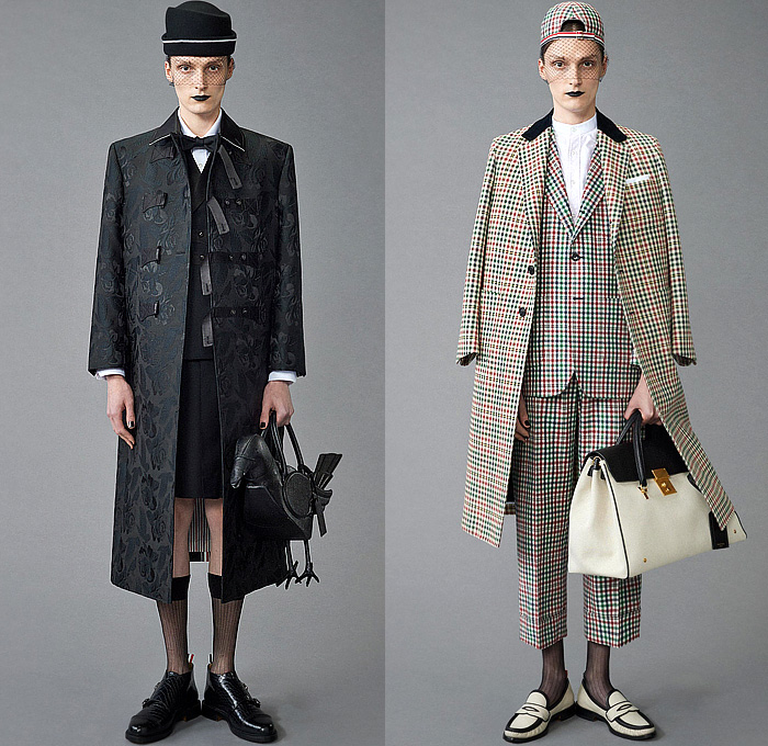 Thom Browne 2024 Pre-Fall Autumn Mens Lookbook - Raven Flowers Floral Roses Embroidery Knit Cap Veil Fishnet Wool Herringbone Coat Silhouette Blazer Jacket Neck Tie Accordion Pleats Manskirt Kilt Fair Isle Knit Cardigan Colorblock Patchwork Bomber Jacket Quilted Puffer Parka Brocade Plaid Check Stripes Tweed Fur Shearling Suit Utility Pockets Balaclava Cargo Pants Pea Coat Handbag Tote Dachshund Bag Sailor Bucket Hat Duck Boots Loafers Sneakers 