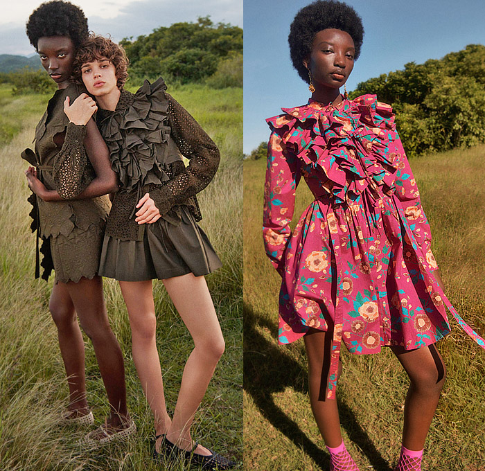 Ulla Johnson 2024 Pre-Fall Autumn Womens Lookbook - Hand Dyed Shibori Dye Patchwork Linen Eyelet Perforated Cutout Knit Crochet Ramie Fiber Fringes Multicolored Distorted Floral Flowers Plants Garden Noodle Strap Sheer Tulle Blouse Exploded Ruffles Tiered Mesh Fishnet Embossed Engraved Carved Hem Shorts Maxi Babydoll Prairie Peasant Dress Wide Leg Palazzo Pants Sleeveless Cinch Stripes Mockneck Swimsuit Cross Halterneck Flats Ballet Shoes Headwear Handbag