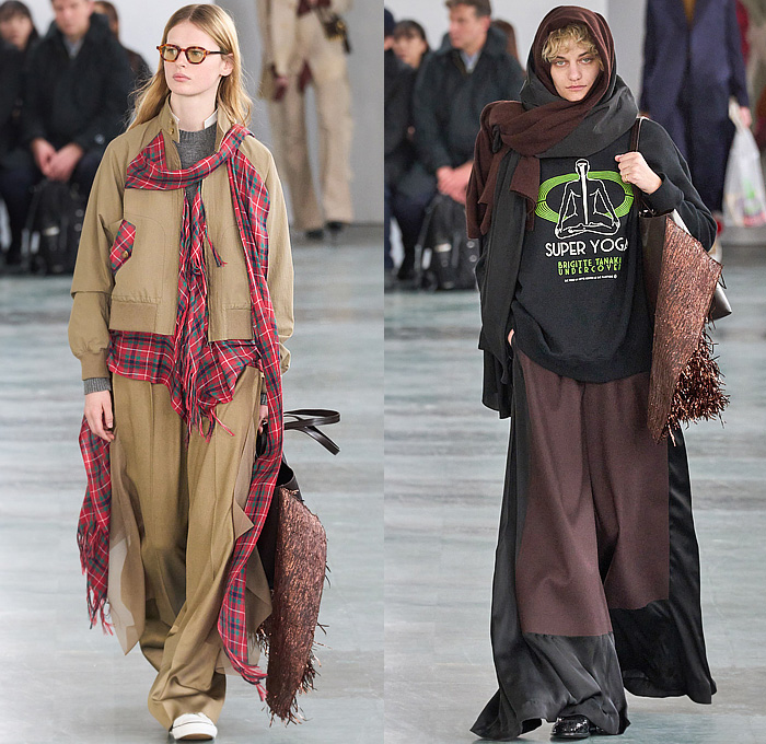 Undercover 2024-2025 Fall Autumn Winter Womens Runway Looks - Paris Fashion Week PFW - Jun Takahashi - Watching a Working Woman - Deconstructed Layers Hybrid Patches Panels Denim Jeans Onesie Dress Cardigan Sweater Knit Pinstripe Draped Metallic Tinsel Fringes Cape Wool Fleece Hoodie Sweatshirt Jogger Sweatpants Fur Leather Flowers Floral Plaid Check Tartan Wide Leg Draped Sleeves Sheer Tulle Geometric Coat Quilted Puffer Pantsuit Handbag Crossbody Plastic Grocery Bag