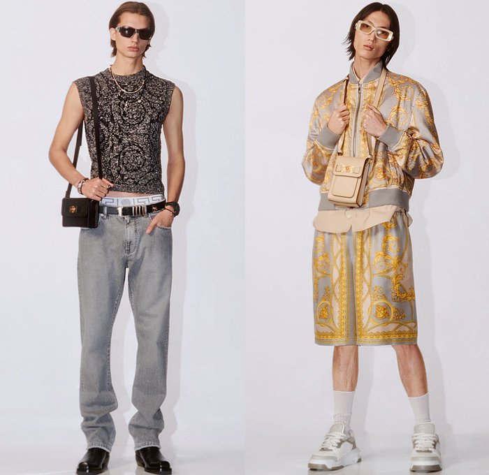 Versace 2024 Pre-Fall Autumn Mens Lookbook - Barocco Baroque Decorative Art Ornamental Sleeveless Vest Silk Satin Bomber Jacket Medusa Hood Outerwear Coat Blazer Jacket Vest Suit Parka Denim Jeans Grey Wash Cargo Pants Utility Pockets Shorts Baggy Loose Wide Leg Crossbody Messenger Bag Sneakers