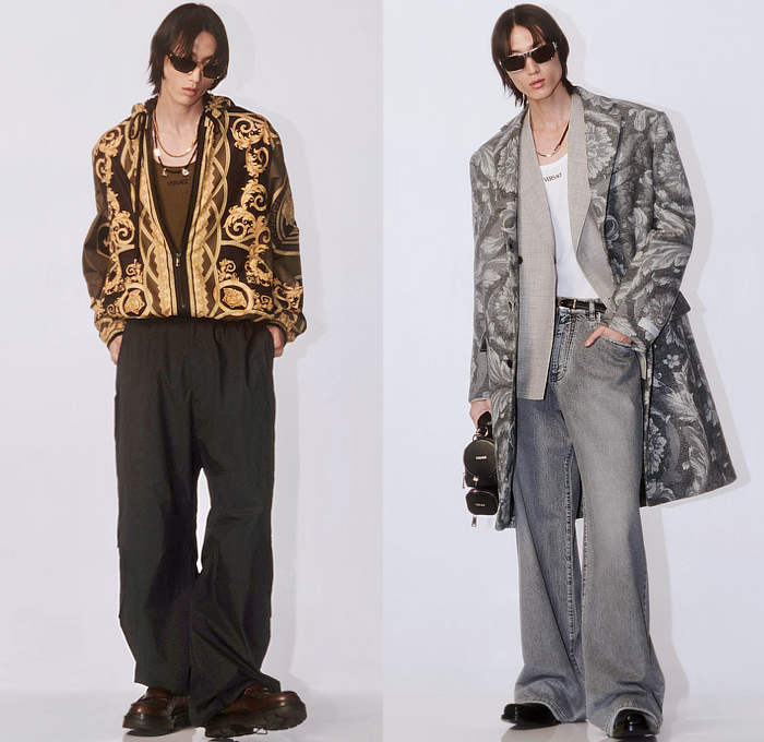 Versace 2024 Pre-Fall Autumn Mens Lookbook - Barocco Baroque Decorative Art Ornamental Sleeveless Vest Silk Satin Bomber Jacket Medusa Hood Outerwear Coat Blazer Jacket Vest Suit Parka Denim Jeans Grey Wash Cargo Pants Utility Pockets Shorts Baggy Loose Wide Leg Crossbody Messenger Bag Sneakers