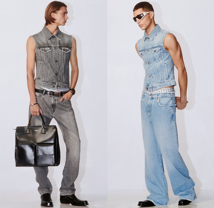 Versace 2024 Pre-Fall Autumn Mens Lookbook - Barocco Baroque Decorative Art Ornamental Sleeveless Vest Silk Satin Bomber Jacket Medusa Hood Outerwear Coat Blazer Jacket Vest Suit Parka Denim Jeans Grey Wash Cargo Pants Utility Pockets Shorts Baggy Loose Wide Leg Crossbody Messenger Bag Sneakers