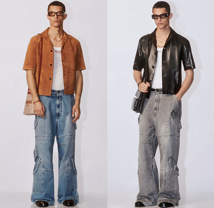 Versace 2024 Pre-Fall Autumn Mens Lookbook - Barocco Baroque Decorative Art Ornamental Sleeveless Vest Silk Satin Bomber Jacket Medusa Hood Outerwear Coat Blazer Jacket Vest Suit Parka Denim Jeans Grey Wash Cargo Pants Utility Pockets Shorts Baggy Loose Wide Leg Crossbody Messenger Bag Sneakers