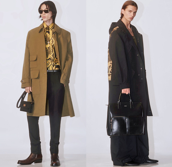 Versace 2024 Pre-Fall Autumn Mens Lookbook - Barocco Baroque Decorative Art Ornamental Sleeveless Vest Silk Satin Bomber Jacket Medusa Hood Outerwear Coat Blazer Jacket Vest Suit Parka Denim Jeans Grey Wash Cargo Pants Utility Pockets Shorts Baggy Loose Wide Leg Crossbody Messenger Bag Sneakers