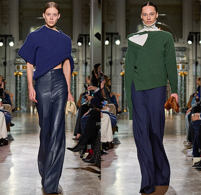 Victoria Beckham 2024-2025 Fall Autumn Winter Womens Runway Looks - Paris Fashion Week PFW - Japanese Denim Jeans High Collar Funnel Neck Turtleneck Pencil Skirt High Waist Wide Leg Flare Knit Sweater Jumper Asymmetrical Deconstructed Chain Fringes Wire Hanger Brooch Dress Coils Tights Stockings Silk Blazer Jacket Strapless Leather Aviator Trench Coat Nautical Hood Boxy Frankenstein Shoulders Pantsuit Sheer Tulle Gown Loafers Handbag Victoria Beckham 2024-2025 Fall Autumn Winter Womens Runway Looks - Paris Fashion Week PFW - Japanese Denim Jeans High Collar Funnel Neck Turtleneck Pencil Skirt High Waist Wide Leg Flare Knit Sweater Jumper Asymmetrical Deconstructed Chain Fringes Wire Hanger Brooch Dress Coils Tights Stockings Silk Blazer Jacket Strapless Leather Aviator Trench Coat Nautical Hood Boxy Frankenstein Shoulders Pantsuit Sheer Tulle Gown Loafers Handbag