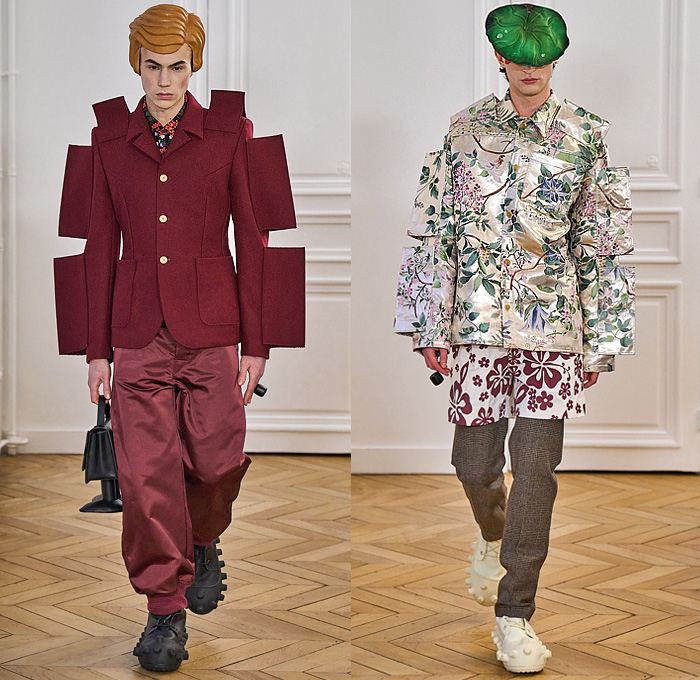 Walter Van Beirendonck 2024-2025 Fall Autumn Winter Mens Runway - Paris Fashion Week Homme Automne Hiver - Banana Wink Boom - Action Figure Toy Hair Headwear Paper Doll Cutout Blazer Volcano Flowers Floral Plaid Check Bomber Jacket Stripes Insect Arms Brain Pattern Pins Football Shoulders Padded Furry Fringes Cannonball Hole Balaclava Robe Coat Patchwork Leggings Snake Worm Scarf Knit Sweater Cartoon Quilted Puffer Jogger Sweatpants Shorts Handbag Legs Sneakers Gloves Boots