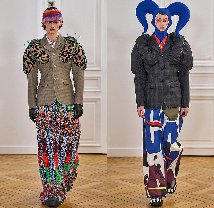 Walter Van Beirendonck 2024-2025 Fall Autumn Winter Mens Runway - Paris Fashion Week Homme Automne Hiver - Banana Wink Boom - Action Figure Toy Hair Headwear Paper Doll Cutout Blazer Volcano Flowers Floral Plaid Check Bomber Jacket Stripes Insect Arms Brain Pattern Pins Football Shoulders Padded Furry Fringes Cannonball Hole Balaclava Robe Coat Patchwork Leggings Snake Worm Scarf Knit Sweater Cartoon Quilted Puffer Jogger Sweatpants Shorts Handbag Legs Sneakers Gloves Boots