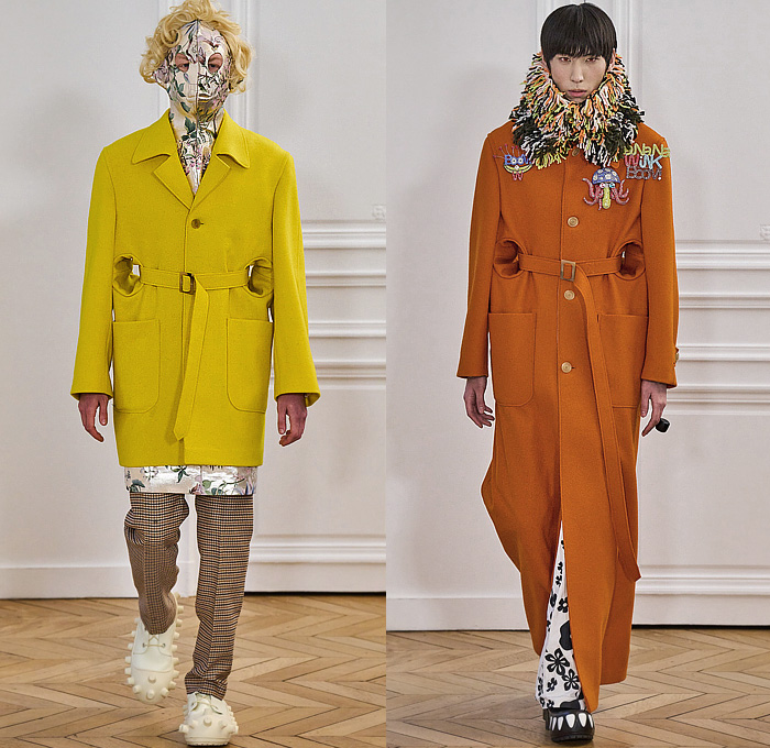 Walter Van Beirendonck 2024-2025 Fall Autumn Winter Mens Runway - Paris Fashion Week Homme Automne Hiver - Banana Wink Boom - Action Figure Toy Hair Headwear Paper Doll Cutout Blazer Volcano Flowers Floral Plaid Check Bomber Jacket Stripes Insect Arms Brain Pattern Pins Football Shoulders Padded Furry Fringes Cannonball Hole Balaclava Robe Coat Patchwork Leggings Snake Worm Scarf Knit Sweater Cartoon Quilted Puffer Jogger Sweatpants Shorts Handbag Legs Sneakers Gloves Boots