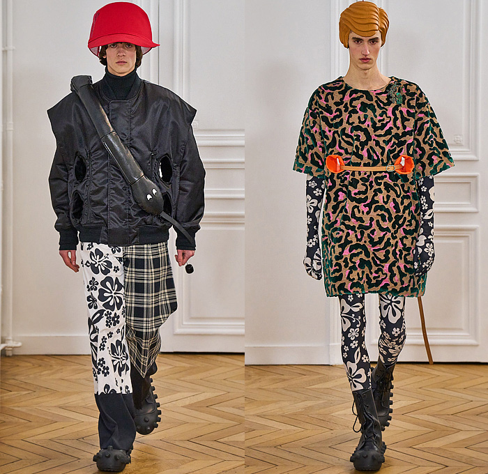 Walter Van Beirendonck 2024-2025 Fall Autumn Winter Mens Runway - Paris Fashion Week Homme Automne Hiver - Banana Wink Boom - Action Figure Toy Hair Headwear Paper Doll Cutout Blazer Volcano Flowers Floral Plaid Check Bomber Jacket Stripes Insect Arms Brain Pattern Pins Football Shoulders Padded Furry Fringes Cannonball Hole Balaclava Robe Coat Patchwork Leggings Snake Worm Scarf Knit Sweater Cartoon Quilted Puffer Jogger Sweatpants Shorts Handbag Legs Sneakers Gloves Boots